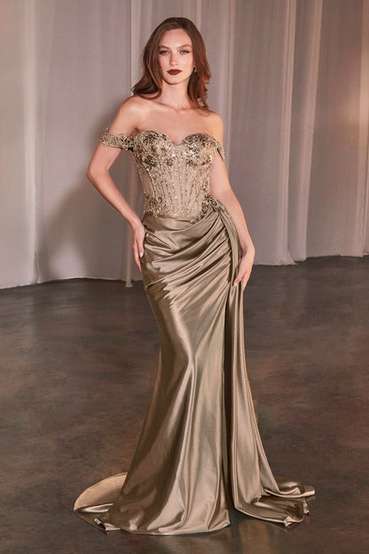 OFF THE SHOULDER LACE &amp; SATIN FITTED GOWN CD803