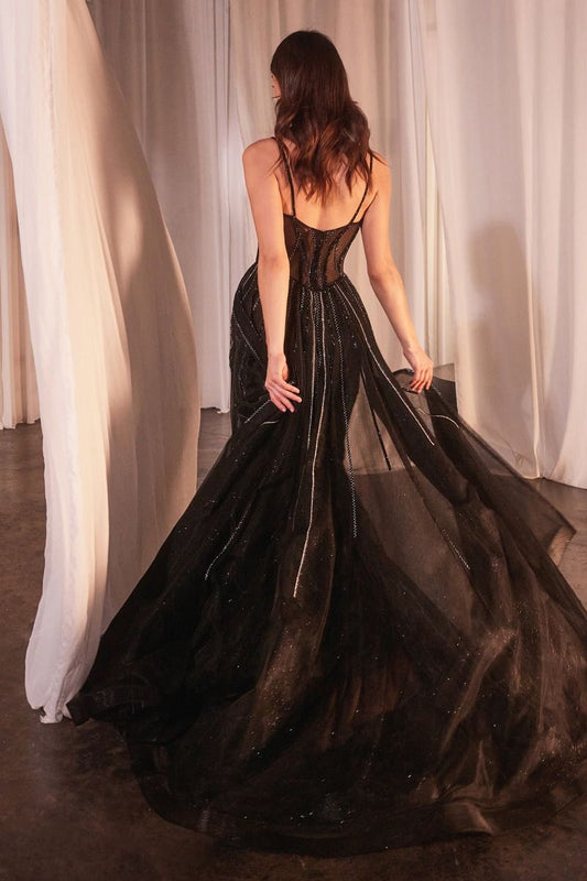 BEADED FITTED GOWN WITH OVERSKIRT CD863