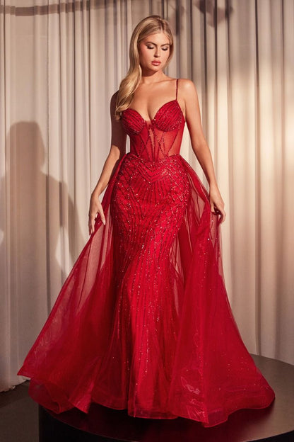 BEADED FITTED GOWN WITH OVERSKIRT CD863
