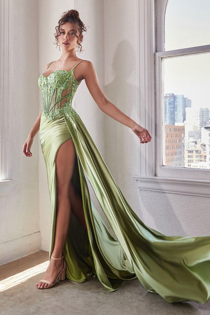 EMBELLISHED LACE &amp; SATIN FITTED GOWN CD868