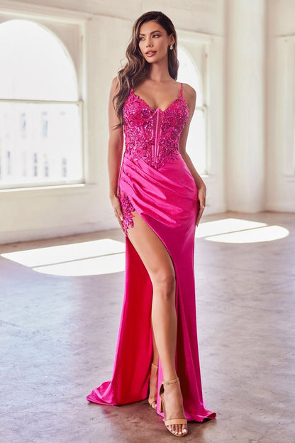 STRETCH SATIN GLITTER &amp; LACE FITTED GOWN  CDS439