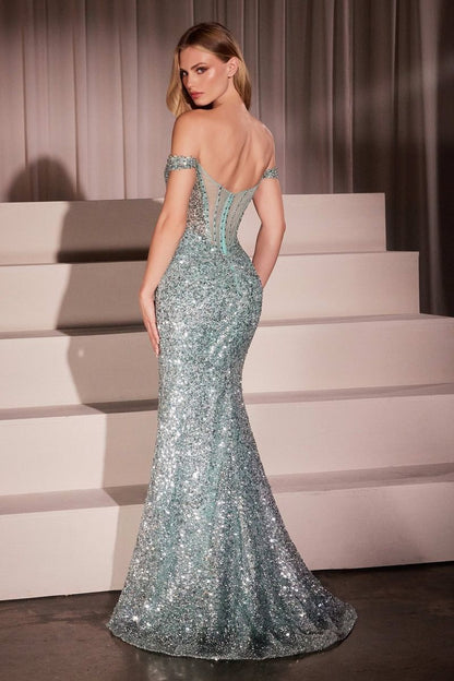 OFF THE SHOULDER SEQUIN FITTED GOWN CM373