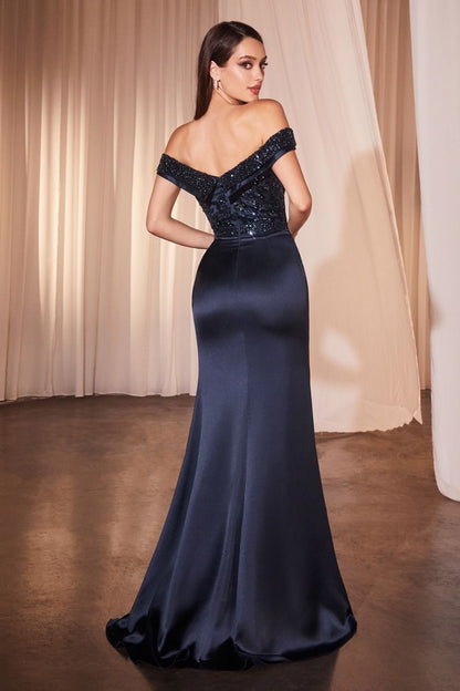 OFF THE SHOULDER SATIN &amp; BEADED GOWN CR877