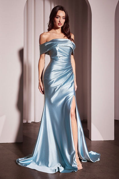 GLISTENING SATIN OFF THE SHOULDER GOWN J877